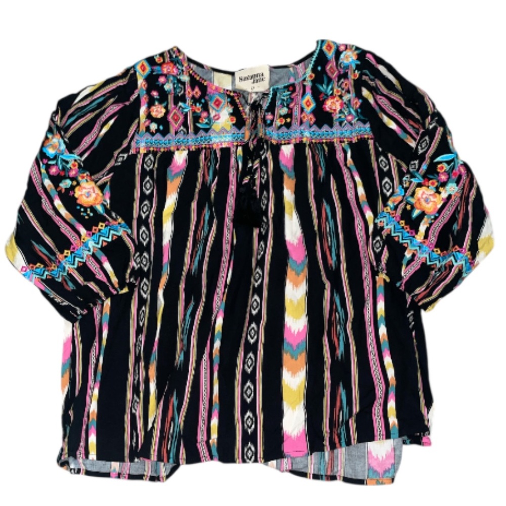 Savanna Jane Black Embroidered Top with Bell Sleeves and a Striped Pattern. - Picture 2 of 4